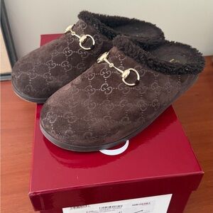 Gucci GG Suede and Shearling Mules Coffee